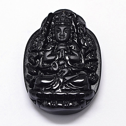 Black Natural Obsidian Carven Pendants, Guardian, Black, 52x38x13mm, Hole: 1mm