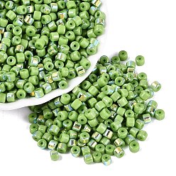 Yellow Green FGB Opaque Colours Glass Seed Beads, Rainbow Plated, Round Hole, Barrel, Yellow Green, 4x3.5mm, Hole: 0.9~1mm, about 3750pcs/pound