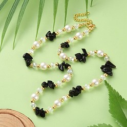 Черный Ожерелья из бисера с черной стеклянной крошкой, искусственным жемчугом и латунью для женщин, с золотистым оттенком 304 концевая цепь из нержавеющей стали, чёрные, 16.54 дюйм (42 см)