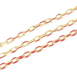 Red Handmade Golden Brass Enamel Link Chains, Cable Chains, with Spool, Soldered, Long-Lasting Plated, Oval, Red, 7x4x1mm, 32.8 Feet(10m)/roll
