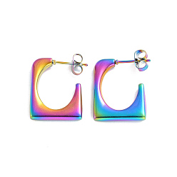 Rainbow Color Ионное покрытие (ip) 304 прямоугольные серьги-гвоздики из нержавеющей стали, полукруглые серьги для женщин, Радуга цветов, 20.5x17.5x3 мм, штифты : 0.7 мм