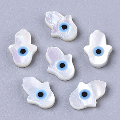 Deep Sky Blue Natural White Shell Mother of Pearl Shell Beads, Top Drilled Beads, with Synthetic Turquoise, Hamsa Hand/Hand of Miriam with Evil Eye, Deep Sky Blue, 10x8x2mm, Hole: 0.6mm
