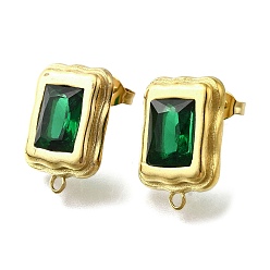 Зеленый 304 фурнитура для сережек-гвоздиков из нержавеющей стали с кубическим цирконием, золотые, прямоугольные, зелёные, 18.5x13.5 мм, отверстие : 1.5 мм, штифты : 0.8 мм