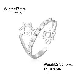 Stainless Steel Color 304 Stainless Steel & Crystal Rhinestone Cuff Open Rings, Star of David, Stainless Steel Color, 17mm