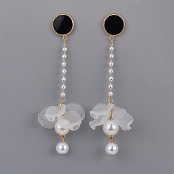 White Petal Transparent Acrylic Dangle Stud Earrings, with Imitation Pearl Acrylic Beads , Enamel and Brass Findings, Golden, White, 86~87mm, Pin: 0.8mm