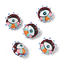 Коричневый Выпечка окрашенные стеклянные бусины, неровный плоский круглый с дурным глазом, с эмалью, коричневые, 16~17x16~17x11~12 мм, отверстие : 1.2 мм