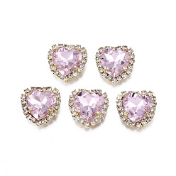 Pearl Pink Sew on Rhinestone, Transparent Glass Rhinestone, with Brass Prong Settings, Faceted, Heart, Pearl Pink, 16x16x7mm, Hole: 0.9mm