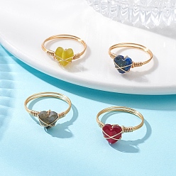 Light Gold Драгоценный камень кольца палец, сердце, с латунными бусинами и экологически чистой медной проволокой, золотой свет, внутренний диаметр: 18 мм, 1 шт / стиль