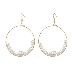 Золотой Серьга с подвеской из ракушки и жемчуга, с 304 нержавеющей стали серьги крючки, плоско-круглые, золотые, 75.5x53 мм