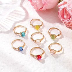 Золотой 7шт 7 цвета стеклянные кольца для пальцев, женское кольцо из медной проволоки, золотые, 8.5 мм, размер США 8 1/4~3/4 (18.3~18.7 мм), 1 шт / цвет