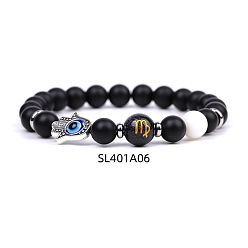 Дева Браслеты из натурального окрашенного и нагретого черного агата и ракушечного жемчуга, Браслет созвездие и хамса на руку со сглазом для женщин и мужчин, Дева, внутренний диаметр: 2-3/8 дюйм (6 см)