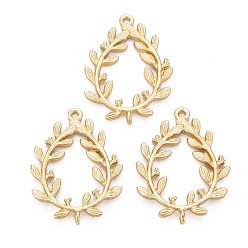 Настоящее золото 18K Соединители звеньев сплава, матовый стиль, без кадмия, без никеля и без свинца, венок из листьев/слеза, реальный 18 k позолоченный, 31.5x24x3.5 мм, отверстие : 1.4 мм