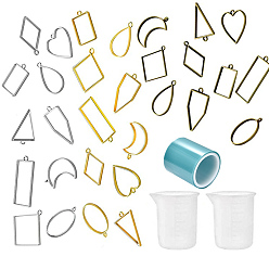 Mixed Color 30Pcs Triangle & Heart & Rectangle & Moon Alloy Open Back Bezel Pendants, For DIY UV Resin, Epoxy Resin, Pressed Flower Jewelry, with Glue Tape, Cups, Mixed Color, 20~49x19~48mm