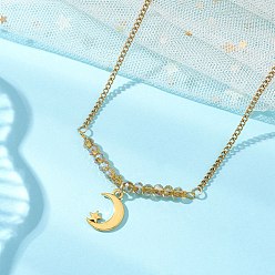 Луна Подвеска из сплава с гранеными бусинами-рондель из гальванического стекла 304 Женские ожерелья из нержавеющей стали с панцирным плетением, золотые, Перу, луна, 19.80~19.88 дюйм (50.3~50.5 см), Кулон : 17x11.5x1.5 мм