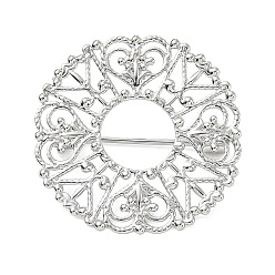 Platinum Flat Round with Flower Brass Lapel Pin Brooches for Clothes, Platinum, 30.5mm