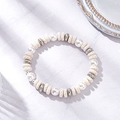 Лавовый камень Плоские круглые эластичные браслеты из натурального камня лавы и ракушек с жемчугом для женщин, с бусинами-рондель из сплава, белые, внутренний диаметр: 2-1/8 дюйм (5.4 см)