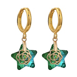 Green Brass Huggie Hoop Earring, with Electroplate Glass Pendants, Star, Golden, Green, 31.5mm, Pin: 1mm