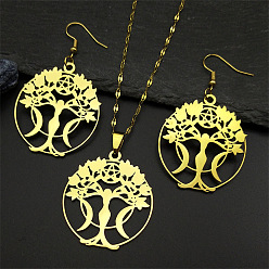 Золотой 304 комплекты сережек и подвесок из нержавеющей стали, плоский круг с деревом жизни и тройной богиней луны, золотые, ожерелья: 15.75 дюйм (40 см)