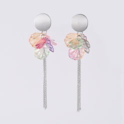 Mixed Color Transparent Acrylic Dangle Earring, with 304 Stainless Steel Stud Earring Findings and Cable Chains, Petal, Colorful, 109mm, Pin: 0.8mm