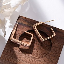 Золотой Прямоугольные серьги-гвоздики из латуни с микропаве из прозрачных кубических цирконий, стойки покрытие, долговечный, без свинца и без кадмия, золотые, 20x3.5 мм