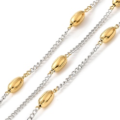 Золотой & Цвет Нержавеющей Стали Ионное покрытие (IP) двухцветное 304 цепь из звеньев из нержавеющей стали, бордюрные цепочки с овальными бусинами, несварные, с катушкой, золотые и нержавеющая сталь цвет, 7.5x4 мм, 2x1.5x1 мм