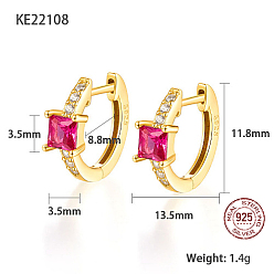 Фуксиновый Серьги-кольца из настоящего 18k позолоченного 925 стерлингового серебра, квадратные серьги с цирконием, с печатью s925, красно-фиолетовые, 11.8x13.5 мм