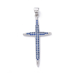 Платина Латунные микро проложить кубического циркония подвески, крестик, синие, платина, 38.8x20x2 мм, отверстие : 4x5 мм