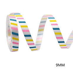 Stripe Easter Theme Polyester Satin Ribbon, Single Face Printed Ribbon, Flat, Colorful, Stripe Pattern, 3/8 inch(9mm), 10 yards/roll