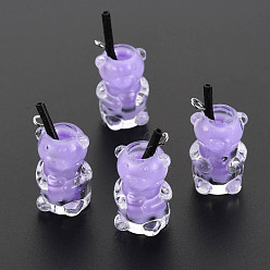 Лиловый Непрозрачные смоляные подвески, имитирующие чай с пузырьками, Полимерная глина внутри, с акриловой чашкой и железной фурнитурой, медведь, сирень, 24~32x14x13 мм, отверстие : 1.8 мм