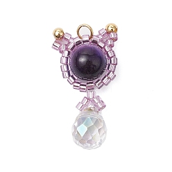 Тигровый глаз Подвески в форме кошки из натурального фиолетового тигрового глаза (окрашенного и нагретого) и стеклянных бусин ручной работы, с целью перехода в кольце, 28.5x15x8 мм, отверстие : 3 мм