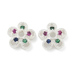 Серебро Латунные микро проложить кубического циркония Шапочки, долговечный, 5-лепестки, цветок, серебряные, 10x3 мм, отверстие : 1.8 мм