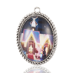 Antique Silver Antique Silver Plated Alloy Big Pendants, with Glass Cabochon, Oval with Christmas Theme Pattern, 50.5x37x10mm, Hole: 3mm