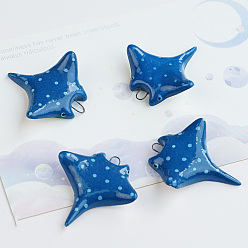 Marine Blue Handmade Porcelain Pendants, Fish/Manta Ray Charms, Marine Blue, 40x36x11mm, Hole: 3x2.5mm