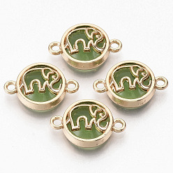 Lime Green Glass Links connectors, with Light Gold Plated Alloy Findings, Flat Round with Elephant, Lime Green, 13.5x19.5x5.5mm, Hole: 1.6mm