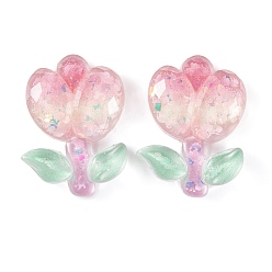 Pink Transparent Epoxy Resin Flower Decoden Cabochons, with Glitter Powder, Pink, 23.5x17.5x5mm