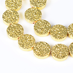 Golden Plated Electroplate Non-magnetic Synthetic Hematite Bead Strands, Flat Round, Golden Plated, 12~13x4~4.5mm, Hole: 1mm, about 32pcs/strand, 15.7 inch