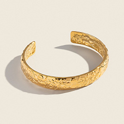 Real 18K Gold Plated 304 Stainless Steel Flower Pattern Open Cuff Bangles for Women, Real 18K Gold Plated, Inner Diameter: 2.30 inch(5.85cm)
