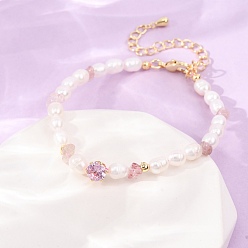 Strawberry Quartz Natural Strawberry Quartz Chip and Rice Natural Pearl Beaded Bracelets, Brass Pave Cubic Zirconia Bracelets, Real 18K Gold Plated, Long-Lasting Plated, Rack Plating, Lead Free & Cadmium Free, 6.50 inch(16.5cm)