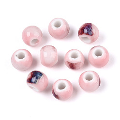 Pink Фарфоровые бусины ручной работы, рондель, фантазии античного стекла фарфора, розовые, 8.2~9x7~7.5 мм, отверстие : 2.5~3 мм