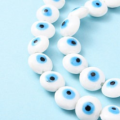 White Flat Round Evil Eye Lampwork Bead Strands, White, 15~16x8~9mm, Hole: 2mm, about 24pcs/strand, 13.7 inch