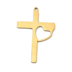 Doré  Pendentifs en acier inoxydable, croix avec des charmes de coeur, Coupe au laser, or, 201mm, Trou: 30.5x19.5x1.5mm