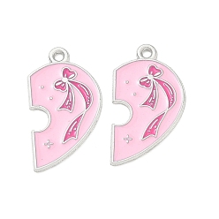 Platinum Alloy Enamel Pendants, Heart with Bowknot Charms, Split Pendants, Platinum, 27x15x1mm, Hole: 1.6mm