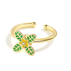 Золотой Эмалированное клеверное вращающееся кольцо на открытой манжете для женщин, латунные кольца-спиннеры с микро-паве и прозрачным кубическим цирконием, золотые, 10.3 мм, внутренний диаметр: регулируемый