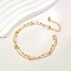 Прозрачный Модные двухслойные регулируемые женские браслеты на щиколотку из латуни и граненого стекла в винтажном стиле, реальный 18 k позолоченный, прозрачные, 8-1/4 дюйм (210 мм)