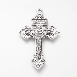 Античное Серебро Тибетский сплав стиля большие кулоны, на Пасху, распятие крест со словом, без кадмия и без свинца, античное серебро, 55.5x34x8 мм, отверстие : 3 мм