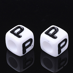 Letter P Letter Acrylic Beads, Cube, White, Letter P, Size: about 7mm wide, 7mm long, 7mm high, hole: 3.5mm, about 2000pcs/500g