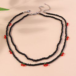 Черный 2шт. наборы ожерелий из вишневого стекла с пластиковыми жемчужными бусинами для женщин, платина, чёрные, 14.96 дюйм (38 см) и 16.54 дюйм (42 см)