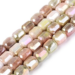 Olive Drab Anti-Tarnish Electroplate Glass Beads Strands, Column, Imitation Gemstone, Dyed, Faceted, Olive Drab, 8.5~9x7.5~8.5mm, Hole: 1~1.2mm, about 39~40pcs/strand, 13.78~14.17 inch(35~36cm)