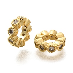 Настоящее золото 18K Стойка покрытие латунь микро паве прозрачный кубический цирконий европейские бусины, бусины с большим отверстием, долговечный, без свинца и без кадмия, цветок, реальный 18 k позолоченный, 10.5x3 мм, отверстие : 5 мм