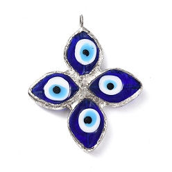 Dark Blue Handmade Lampwork Big Pendants, with Eco-friendly Platinum Tone Tin Findings, Cadmium Free & Lead Free, 4-Petal Flower with Evil Eye Charm, Dark Blue, 52x45x5mm, Hole: 4.5mm